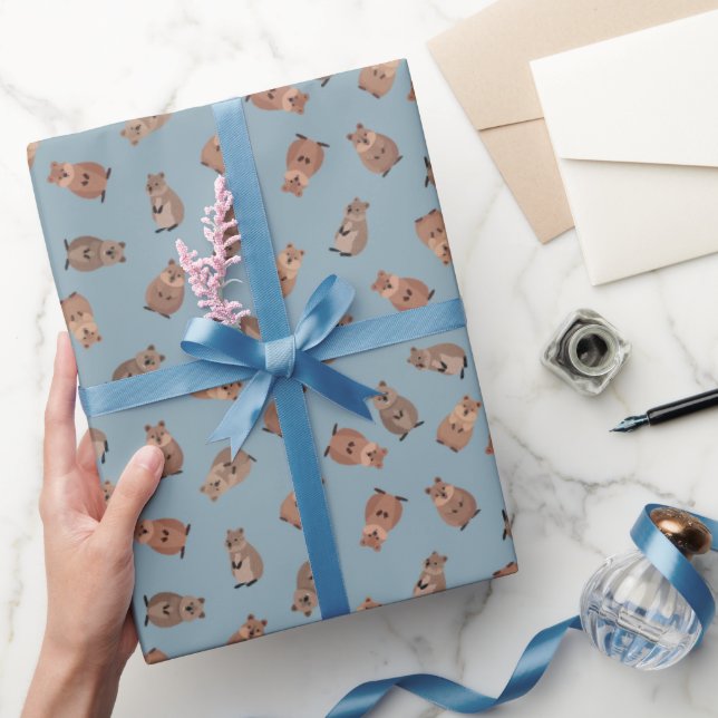 Illustrated Quokkas on Light Gray-Blue Wrapping Paper (Gifting)