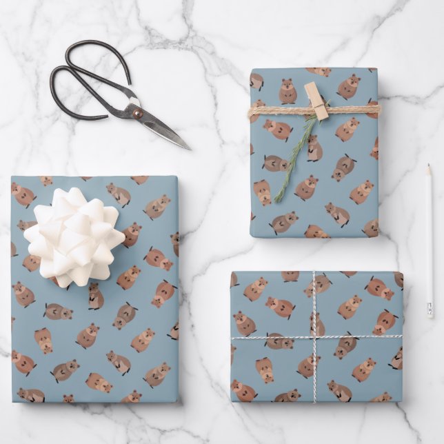 Illustrated Quokkas on Light Gray-Blue Wrapping Paper Sheets (Front)