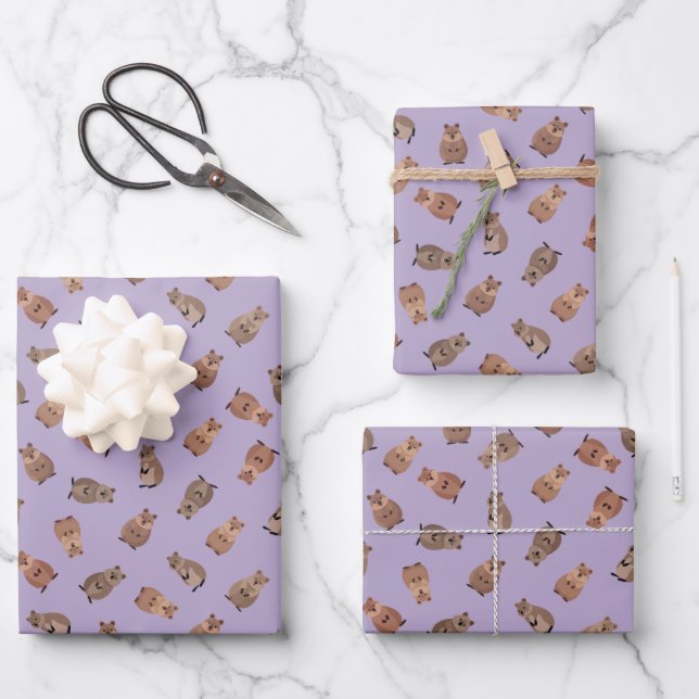 Illustrated Quokkas on Light Purple Wrapping Paper Sheets (Front)