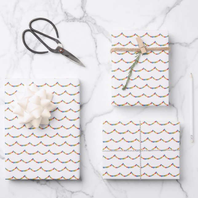 Illustrated Rainbow Pom Poms Holiday Christmas Wrapping Paper Sheets (Front)
