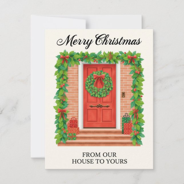 Illustrated Red Door Garland Wreath Holiday Card (Front)