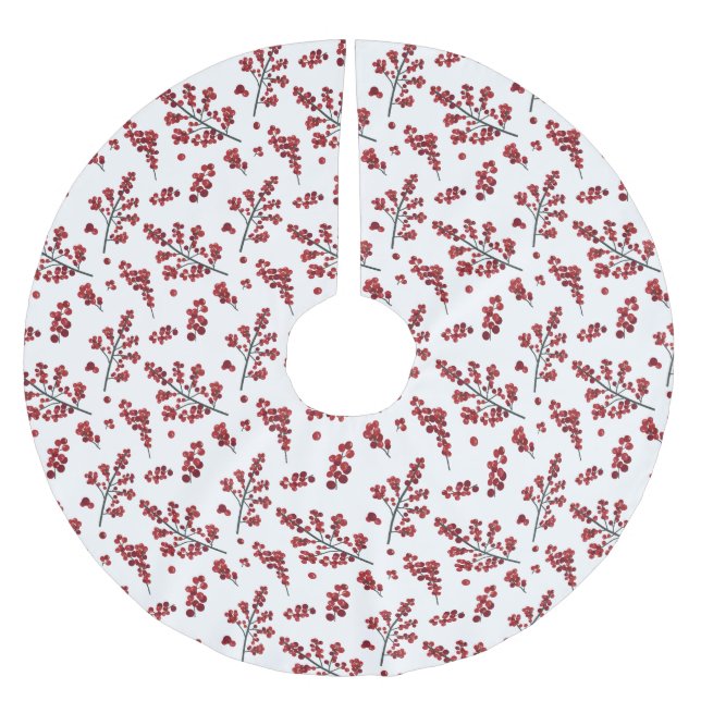 Illustrated Red Holly Berries Brushed Polyester Tree Skirt (Front)