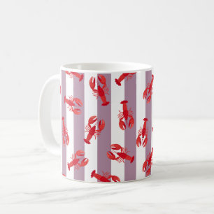 Illustrated Red Lobsters on Gray-Pink Stripes Coffee Mug