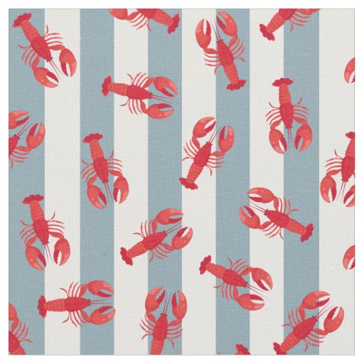 Illustrated Red Lobsters on Light Gray-Blue Stripe Fabric