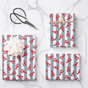 Illustrated Red Lobsters on Light Gray-Blue Stripe Wrapping Paper Sheets