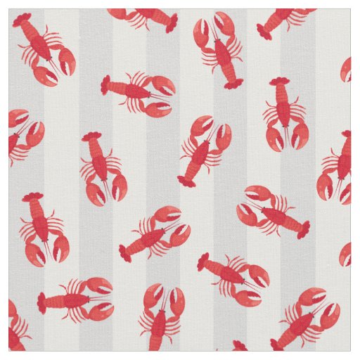 Illustrated Red Lobsters on Light Gray Stripes Fabric