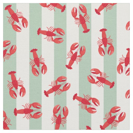 Illustrated Red Lobsters on Light Green Stripes Fabric