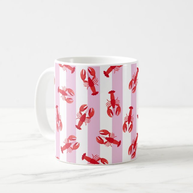 Illustrated Red Lobsters on Light Pink Stripes Coffee Mug (Front Left)