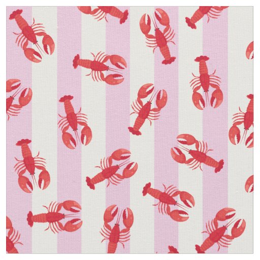 Illustrated Red Lobsters on Light Pink Stripes Fabric