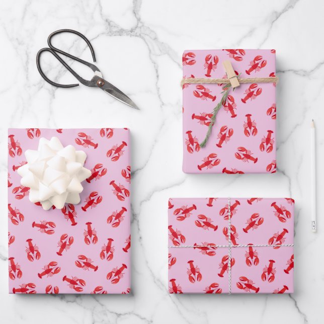 Illustrated Red Lobsters on Light Pink Wrapping Paper Sheets (Front)