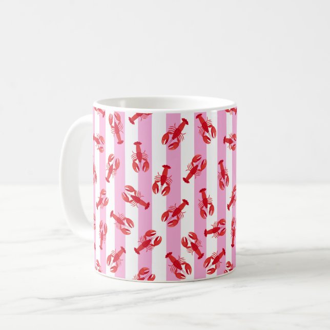 Illustrated Red Lobsters on Pink Stripes Coffee Mug (Front Left)