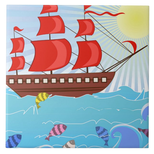 Illustrated Red Pirate Ship Ceramic Tile (Front)
