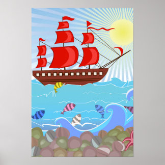Illustrated Red Pirate Ship Poster