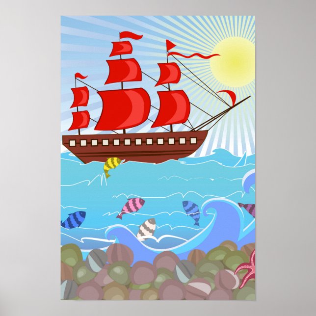 Illustrated Red Pirate Ship Poster (Front)