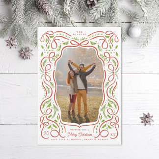 Illustrated Red Ribbon and Holly Christmas Photo Holiday Card