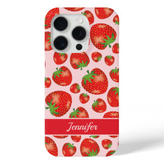 Illustrated Red Strawberry Pattern On Pink & Name iPhone 15 Pro Case