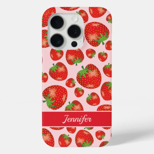 Illustrated Red Strawberry Pattern On Pink  Name iPhone 15 Pro Case