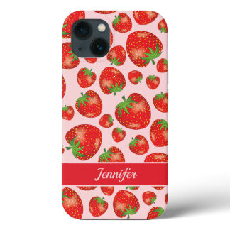 Illustrated Red Strawberry Pattern On Pink & Name iPhone 13 Case