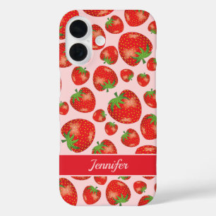 Illustrated Red Strawberry Pattern On Pink & Name iPhone 16 Case