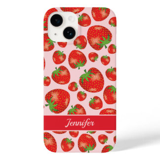Illustrated Red Strawberry Pattern On Pink & Name Case-Mate iPhone 14 Case