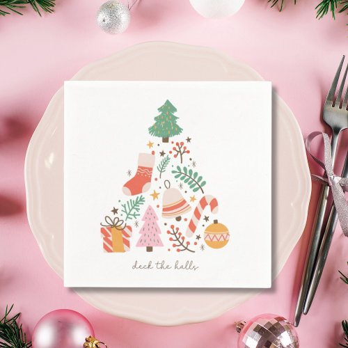 Illustrated Retro Christmas Deck the Halls Napkins