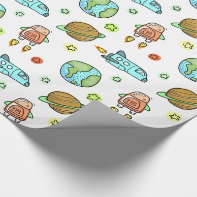 Illustrated Rockets in Space Pattern Kids Wrapping Paper