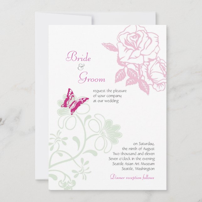 Illustrated Roses & Butterfly Spring Wedding Invitation (Front)