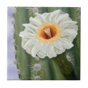 Illustrated Saguaro Cactus White Flower Ceramic Tile