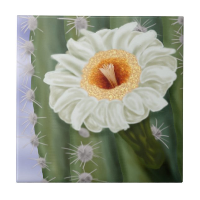 Illustrated Saguaro Cactus White Flower Ceramic Tile (Front)