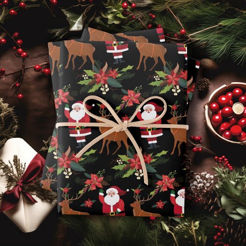 Illustrated Santa Claus Reindeer Christmas Wrapping Paper Sheets