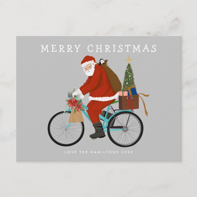 Illustrated Santa Riding a Bicycle Custom Color Holiday Postcard (Front)