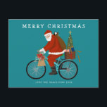 Illustrated Santa Riding a Bicycle Custom Color Holiday Postcard<br><div class="desc">Original illustration of Santa on a bike with custom color background and message/photo option on the back. ©Becky Nimoy 2021</div>