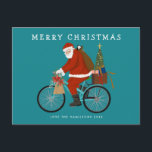 Illustrated Santa Riding a Bicycle Custom Color Holiday Postcard<br><div class="desc">Original illustration of Santa on a bike with custom color background and message/photo option on the back. ©Becky Nimoy 2021</div>