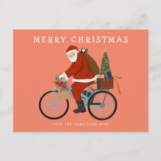 Illustrated Santa Riding a Bicycle Custom Color Holiday Postcard