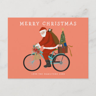 Illustrated Santa Riding a Bicycle Custom Color Holiday Postcard