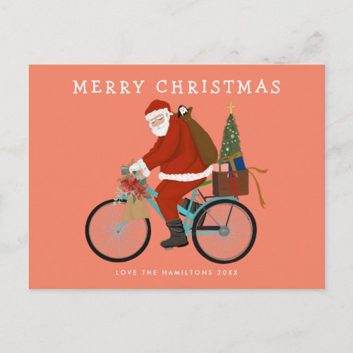 Illustrated Santa Riding a Bicycle Custom Color Holiday Postcard