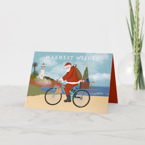 Illustrated Santa Riding a Bicycle Summer Holiday Card