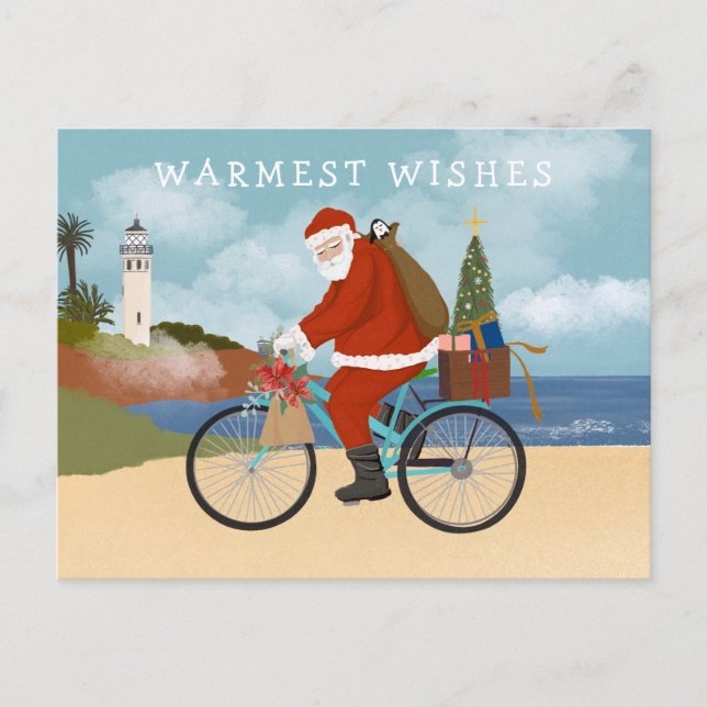 Illustrated Santa Riding a Bicycle Summer Holiday Postcard (Front)