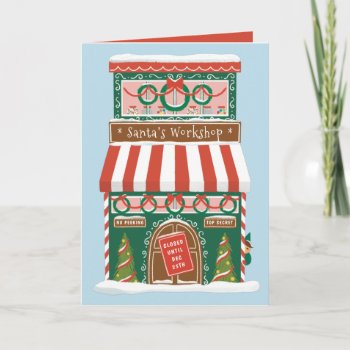 Illustrated Santa’s Workshop Holiday Card by beckynimoy at Zazzle
