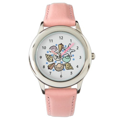 Illustrated Seashells Pink Band Girls Watch