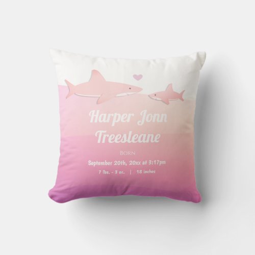 Illustrated Sharks Pink White Ocean Baby Birth Throw Pillow