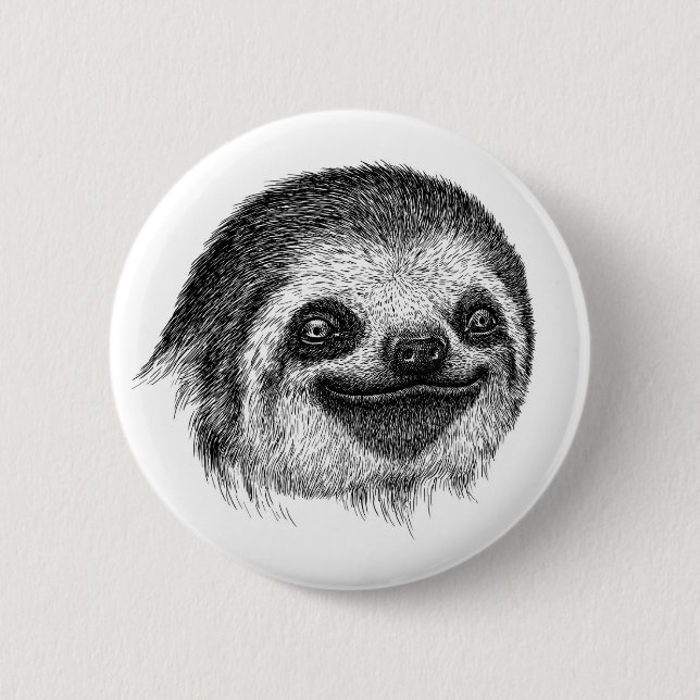Illustrated Sloth Face Pinback Button (Front)