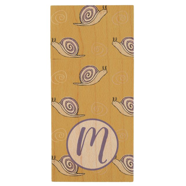 Illustrated Snails and Swirls Pattern Wood Flash Drive (Front Vertical)