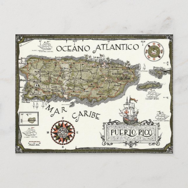  Illustrated Spanish Puerto Rico Map Postcard (Front)