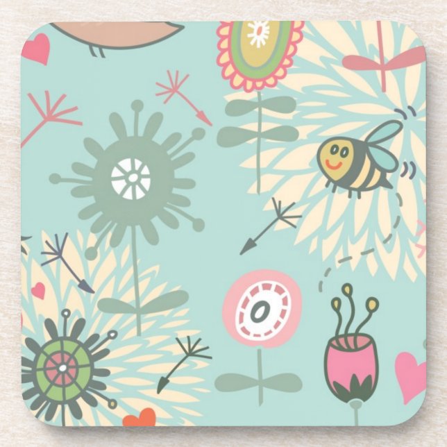 Illustrated Spring Flowers and Bees Drink Coaster (Front)