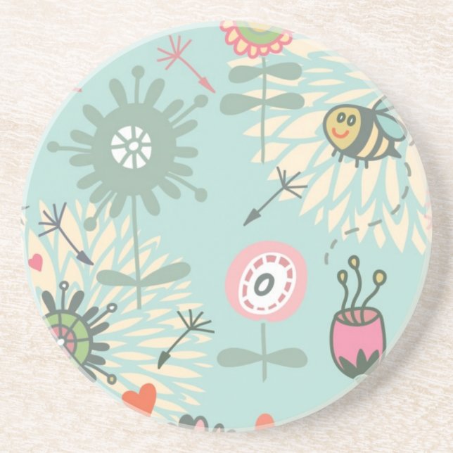 Illustrated Spring Flowers and Bees Sandstone Coaster (Front)