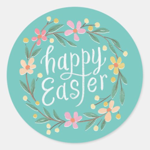Illustrated Spring Wreath Lettering Happy Easter Classic Round Sticker