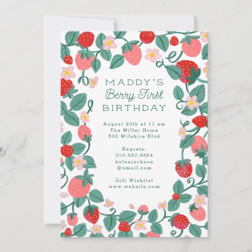 Illustrated Strawberry Berry First Birthday Party Invitation