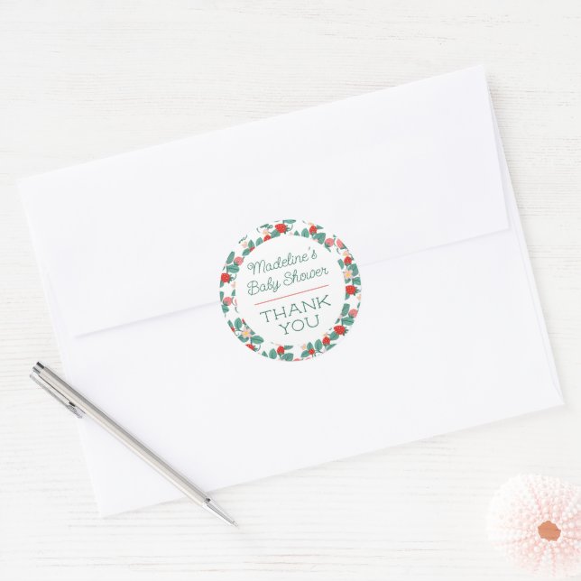 Illustrated Strawberry Berry Sweet Baby Shower Classic Round Sticker (Envelope)