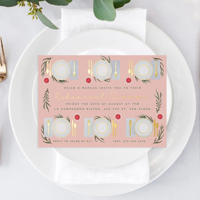Illustrated Table Rehearsal Dinner Gold Foil Invitation (Creator Uploaded)